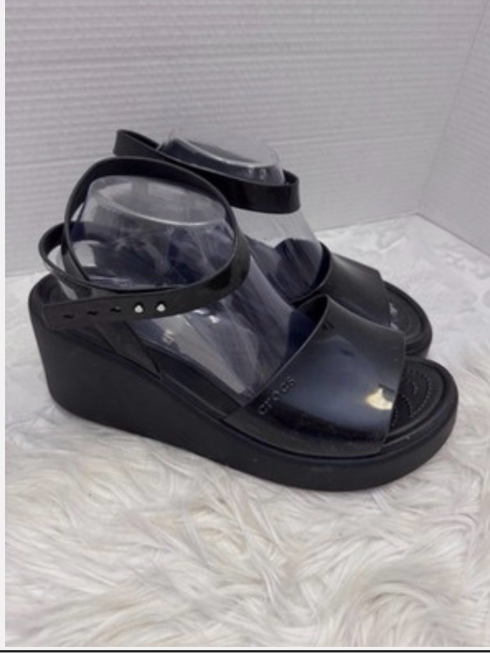 CROCS Black Patent Platform Sandals with Ankle Strap